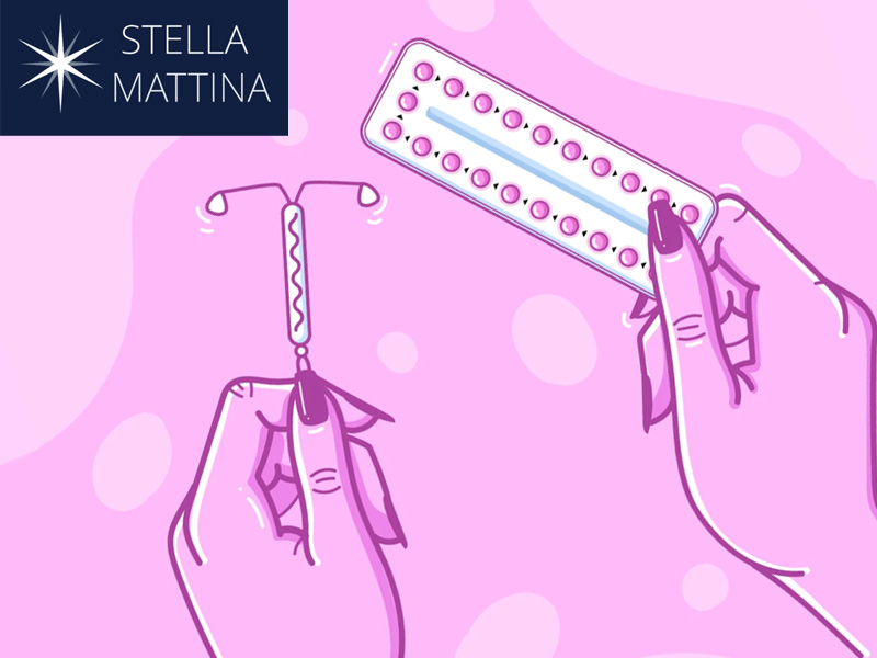 graphic of two female contraception methods to illustrate IUD vs. birth control pill