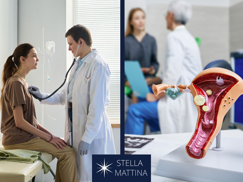 two panels showing a patient in two different setting to illustrate the primary care physician vs. ObGyn choice for women's health