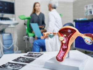 gynecologist talking with a patient near a model of reproductive organs