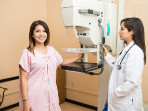 Woman patient about to have a mammogram