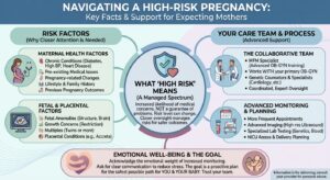 Chart with key facts and care team processes about navigating a high-risk pregnancy.