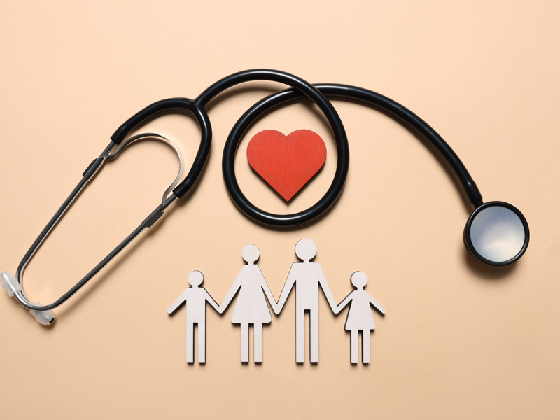 graphic of stethoscope, heart, and cut-out paper family to illustrate weight loss in Dallas