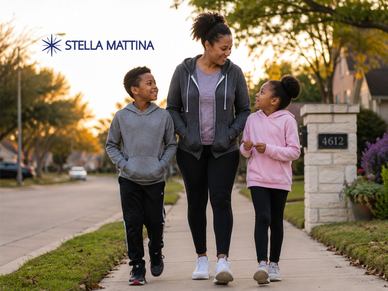 Mom and two kids walking and talking to illustrate managing type 2 diabetes through primary care with healthy habits
